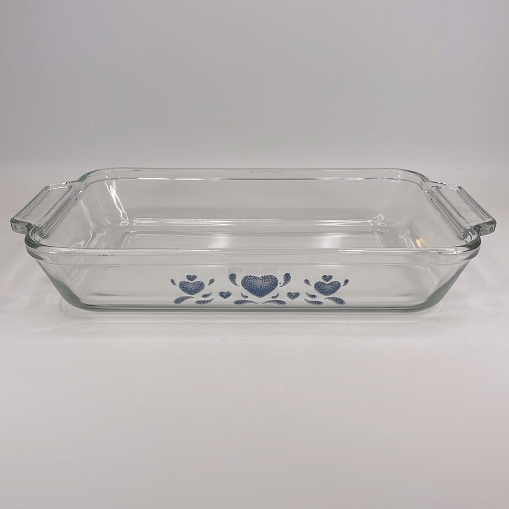 RARE VINTAGE ANCHOR OVENWARE 2 QT 8" x 11.5" x 2" BAKING DISH BLUE HEARTS